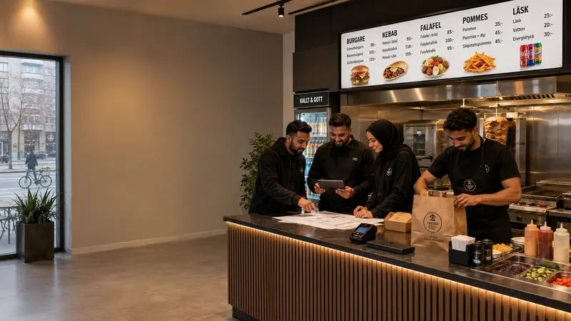 Personal vid kassadisken med padda och kortterminal i en modern grill