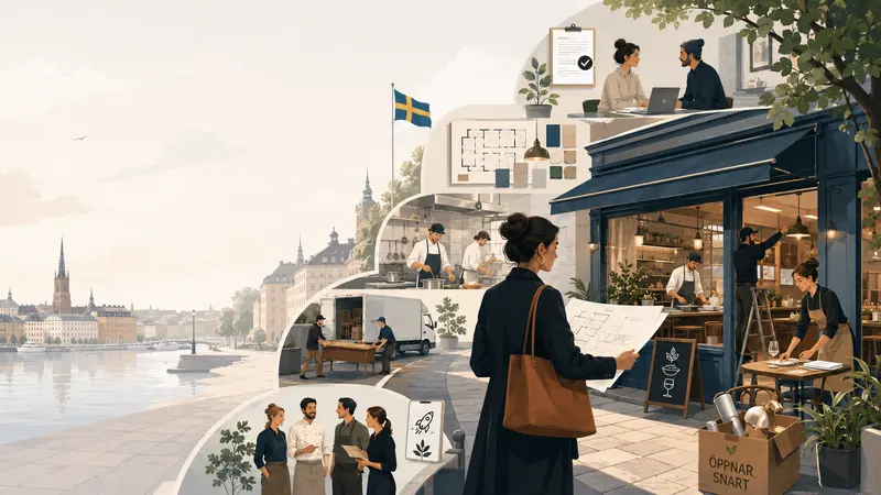 Bildcollage över svensk restaurangvardag med foodtruck, kök och personal